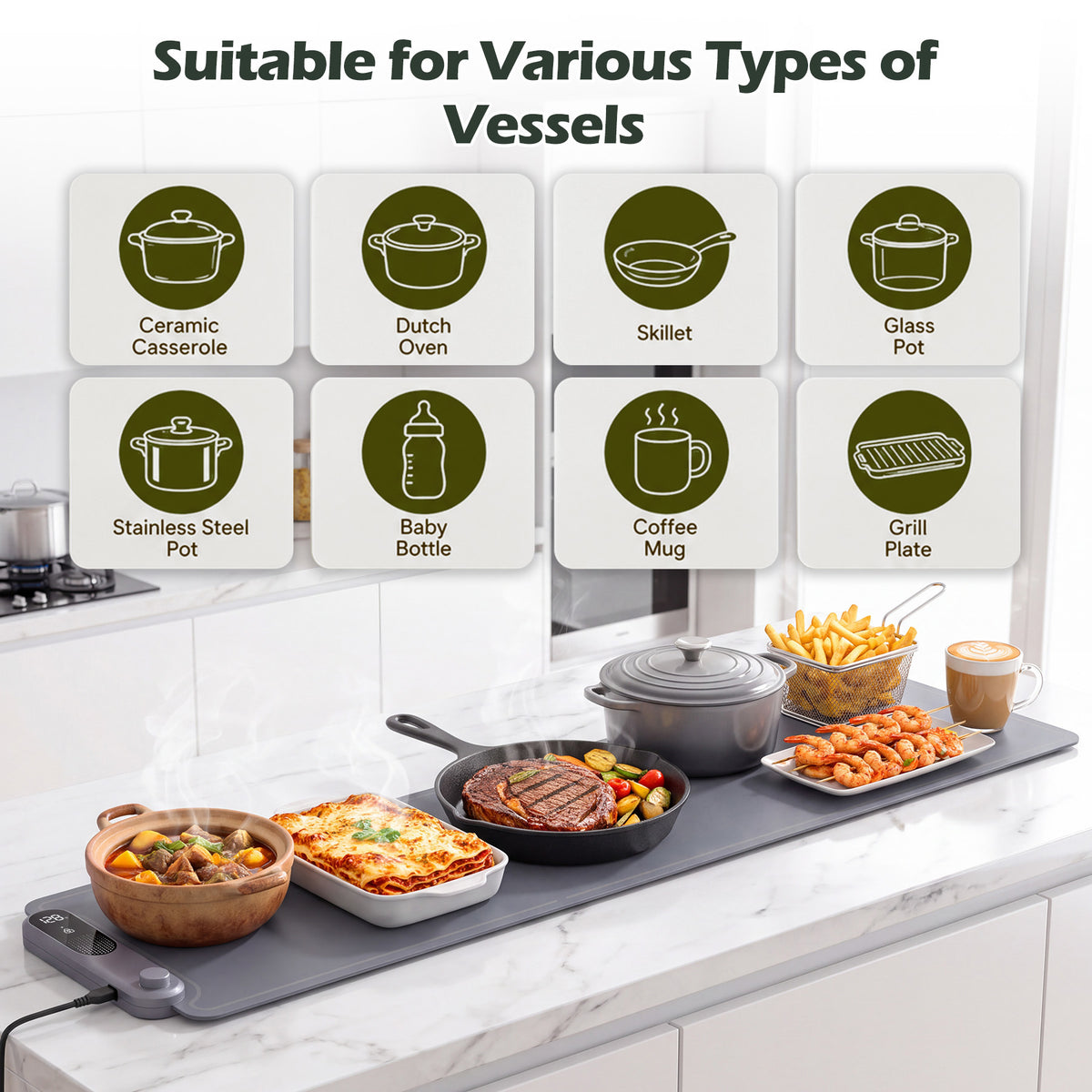 VASG Warming Mat for Food, Extra-Long 42"x12", Fast Full-Surface Heating with 19-Level Adjustable Temperature & 6-Hour Timer, Roll-Up Electric Food Warmer for Parties, Buffet (Gray)