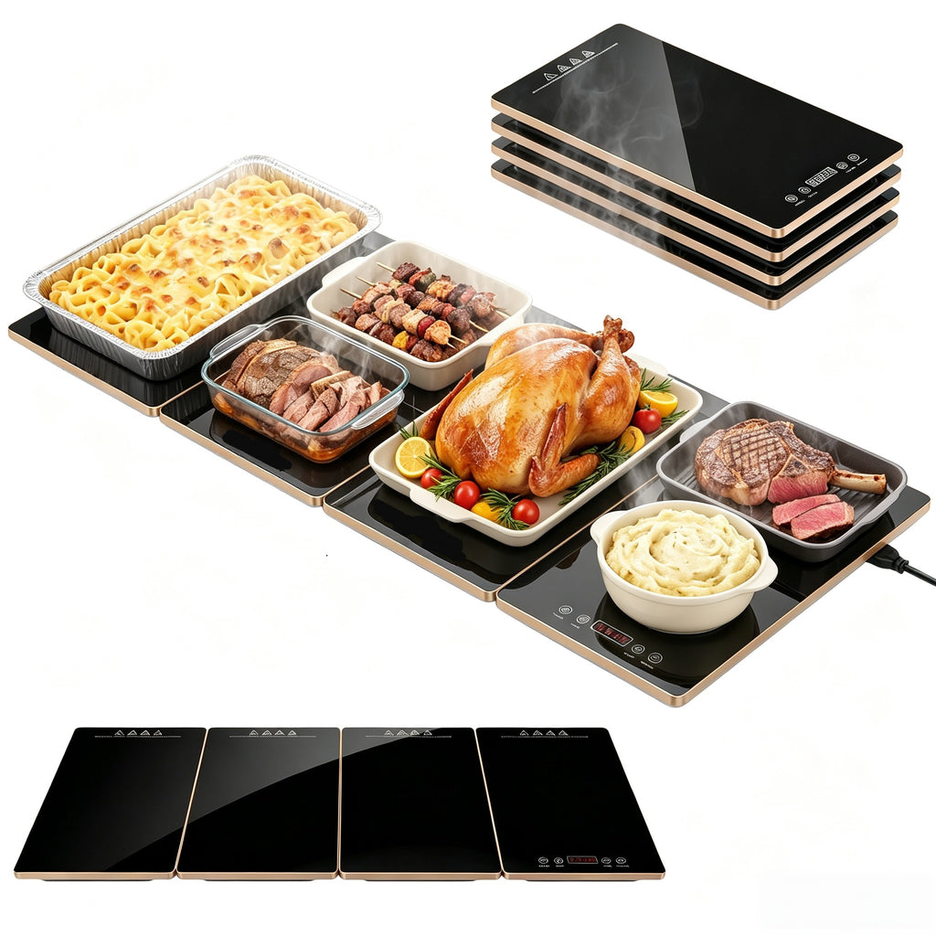 VASG Warming Mat for Food, 4-in-1 Electric Food Warming Tray with 10 Temperature Levels & 6-Hour Timer, Expandable Design, 33" × 15" Glass Surface, Buffet Food Warmer for Parties & Catering (Black)