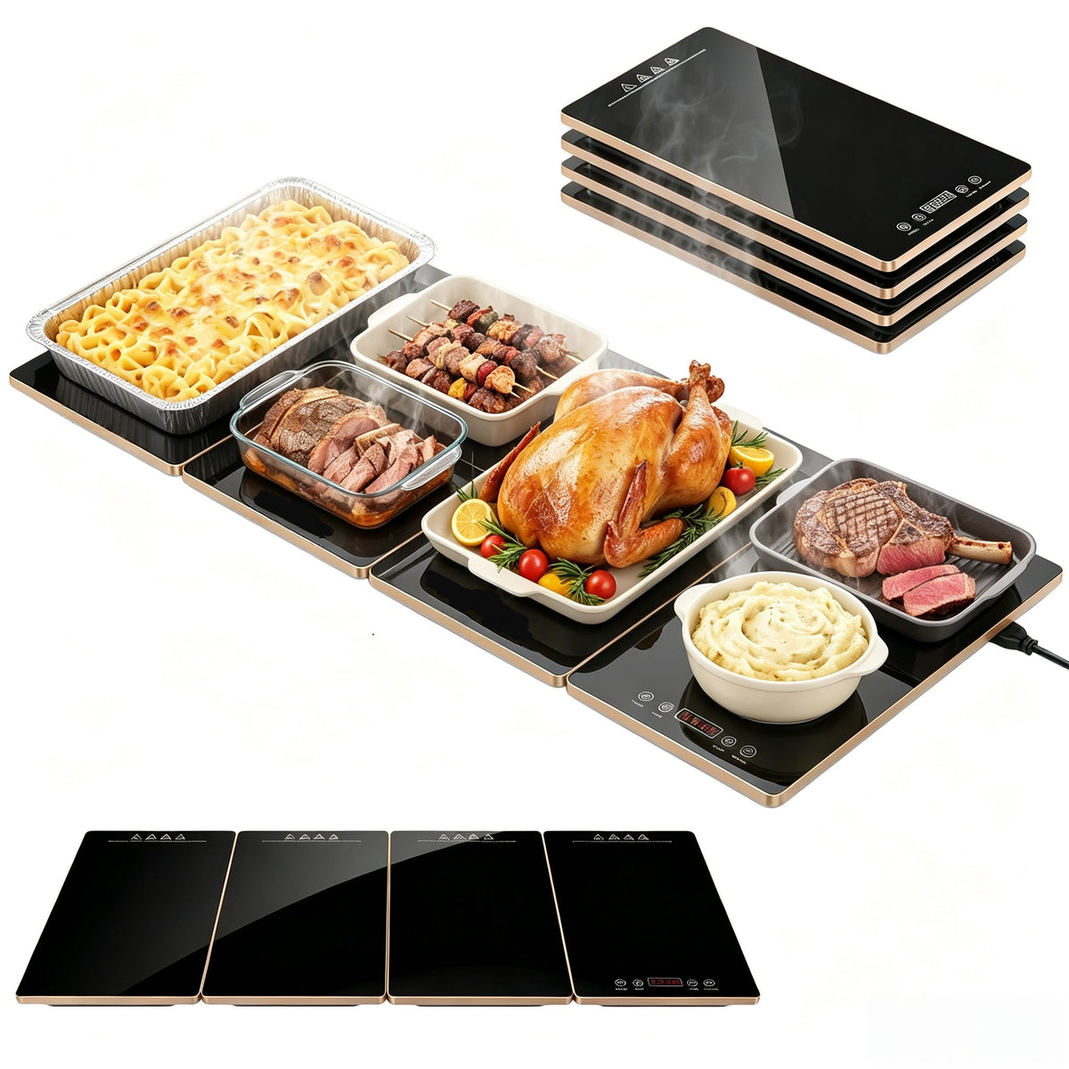 VASG Warming Mat for Food, 4-in-1 Electric Food Warming Tray with 10 Temperature Levels & 6-Hour Timer, Expandable Design, 33" × 15" Glass Surface, Buffet Food Warmer for Parties & Catering (Black)