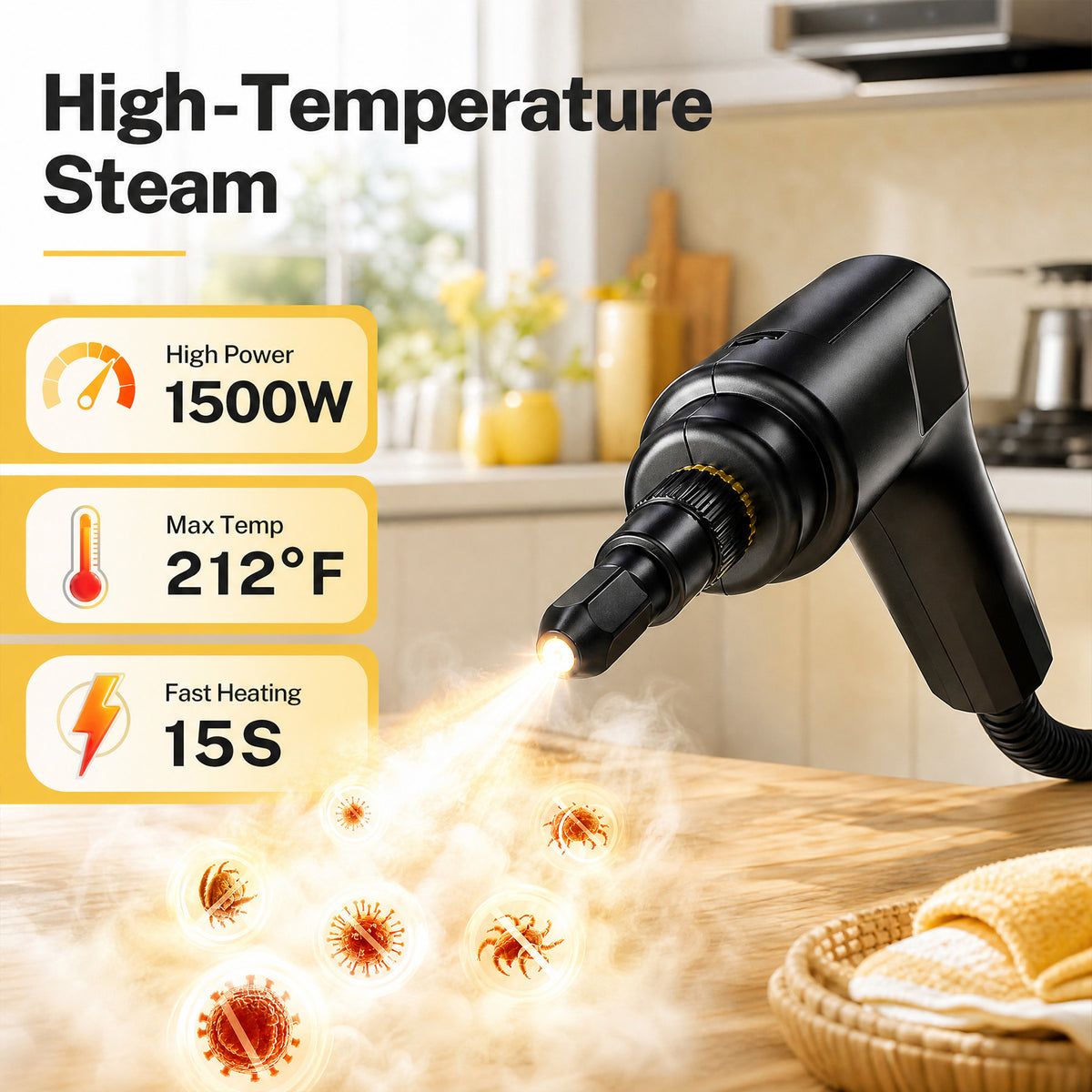 VASG Steam Cleaner, Portable Steamer for Cleaning with 15pcs Accessories, 15s Heat-Up & 1.6L Large Tank, Handheld Steam Cleaner for Car Detailing, Home, Tile, Grout, Furniture (Black)