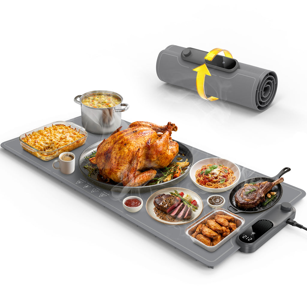 VASG Warming Mat for Food, XXL 35”x16” Food Warming Mat, 19-Level Adjustable Temperature, 6-Hour Timer, 500W Fast Heating, Rollable Warming Tray for Parties, Buffets & Family Gatherings (Gray)