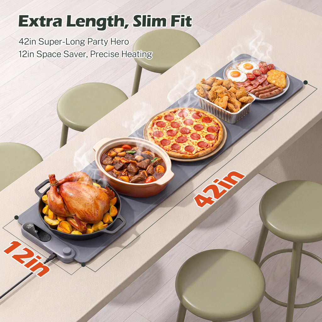 VASG Warming Mat for Food, Extra-Long 42"x12", Fast Full-Surface Heating with 19-Level Adjustable Temperature & 6-Hour Timer, Roll-Up Electric Food Warmer for Parties, Buffet (Gray)