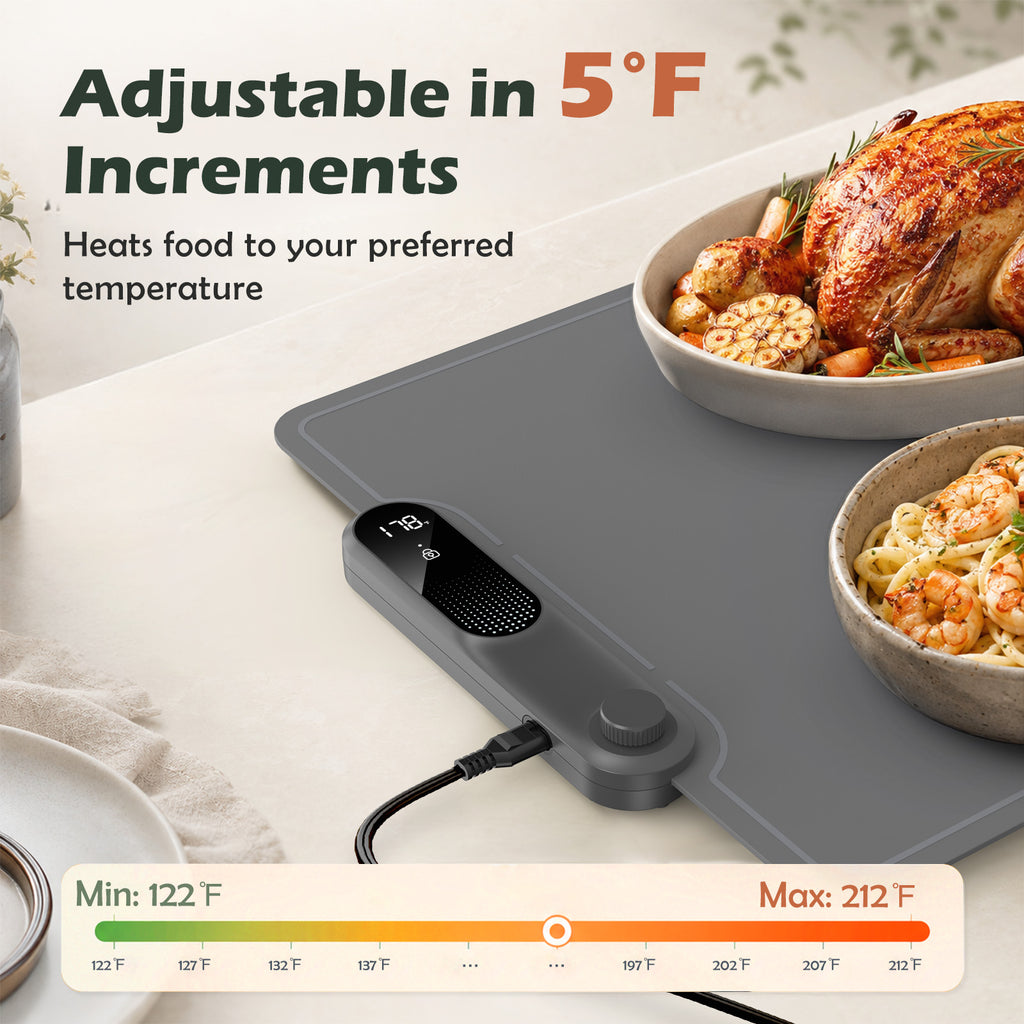 VASG Warming Mat for Food, XXL 35”x16” Food Warming Mat, 19-Level Adjustable Temperature, 6-Hour Timer, 500W Fast Heating, Rollable Warming Tray for Parties, Buffets & Family Gatherings (Gray)