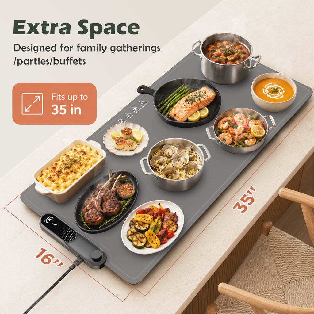 VASG Warming Mat for Food, XXL 35”x16” Food Warming Mat, 19-Level Adjustable Temperature, 6-Hour Timer, 500W Fast Heating, Rollable Warming Tray for Parties, Buffets & Family Gatherings (Gray)
