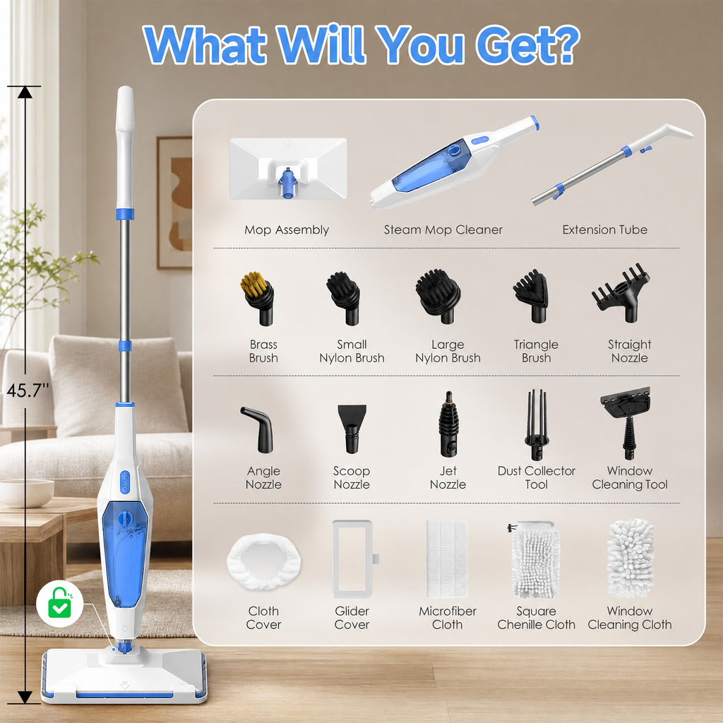 VASG Steam Mop, 14-in-1 Detachable Floor Steamer, 1300W Powerful Steam Up to 228°F for Deep Cleaning, Multi-Purpose Handheld Steam Cleaner for Tile, Grout, Furniture, Carpet & Walls