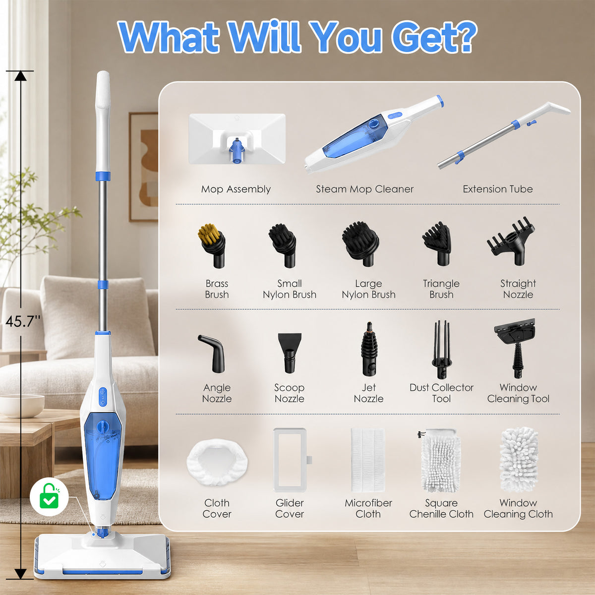VASG Steam Mop, 14-in-1 Detachable Floor Steamer, 1300W Powerful Steam Up to 228°F for Deep Cleaning, Multi-Purpose Handheld Steam Cleaner for Tile, Grout, Furniture, Carpet & Walls