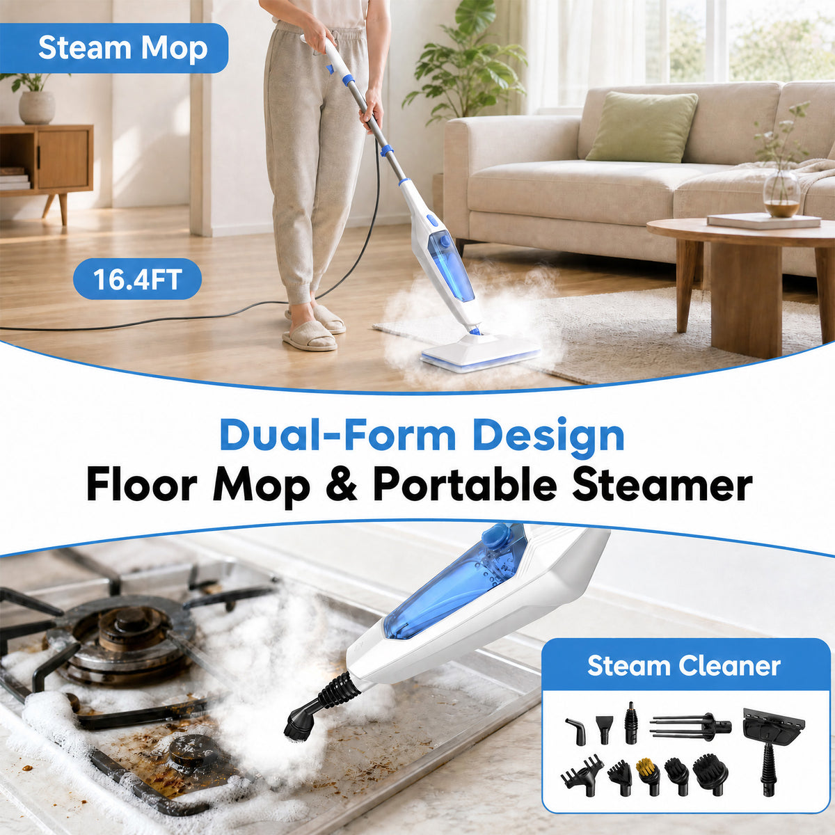 VASG Steam Mop, 14-in-1 Detachable Floor Steamer, 1300W Powerful Steam Up to 228°F for Deep Cleaning, Multi-Purpose Handheld Steam Cleaner for Tile, Grout, Furniture, Carpet & Walls