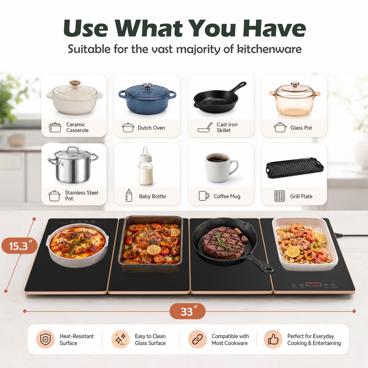 VASG Warming Mat for Food, 4-in-1 Electric Food Warming Tray with 10 Temperature Levels & 6-Hour Timer, Expandable Design, 33" × 15" Glass Surface, Buffet Food Warmer for Parties & Catering (Black)