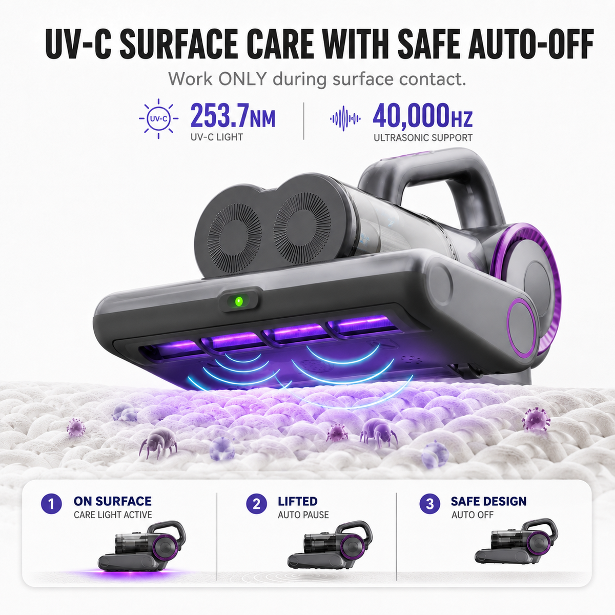 VASG Mattress Vacuum Cleaner, 16Kpa Bed Vacuum Cleaner with UV Light, HEPA Filtration, 500W Corded Handheld Vacuum for Bed, Sofa & Couch (Black)