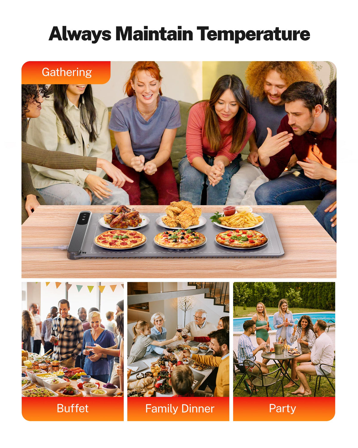 VASG Warming Mat for Food, Electric Warming Tray with 6 Adjustable Temperature Settings and 6-Hour Timer, Food Warmers for Parties Buffet, Events & Family Gatherings (Gray)