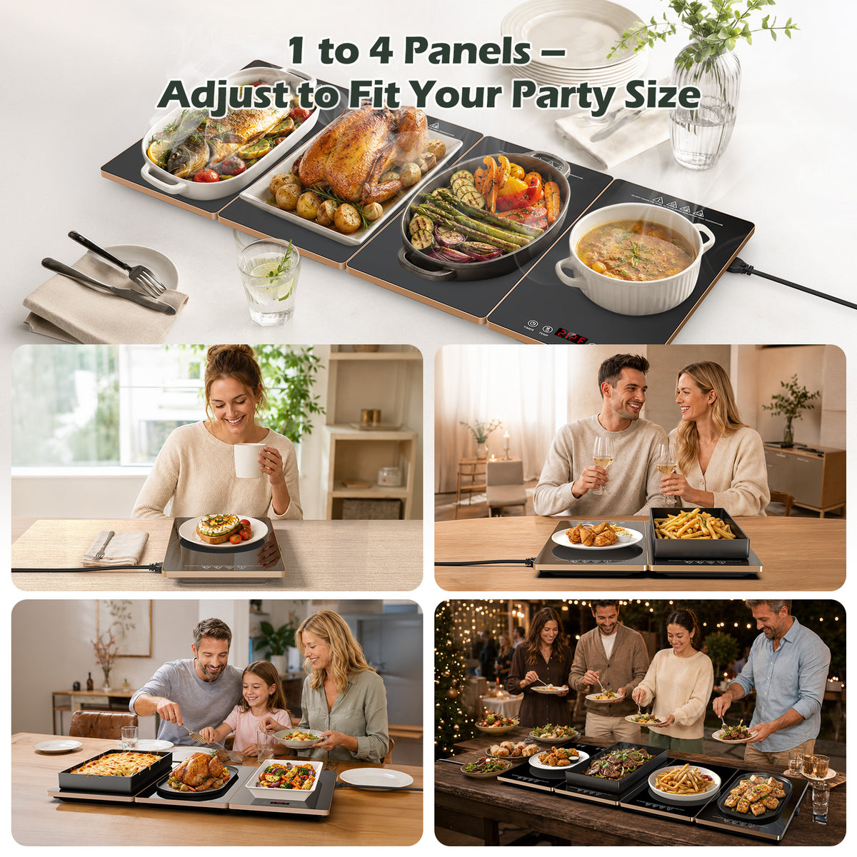 VASG Warming Mat for Food, 4-in-1 Electric Food Warming Tray with 10 Temperature Levels & 6-Hour Timer, Expandable Design, 33" × 15" Glass Surface, Buffet Food Warmer for Parties & Catering (Black)