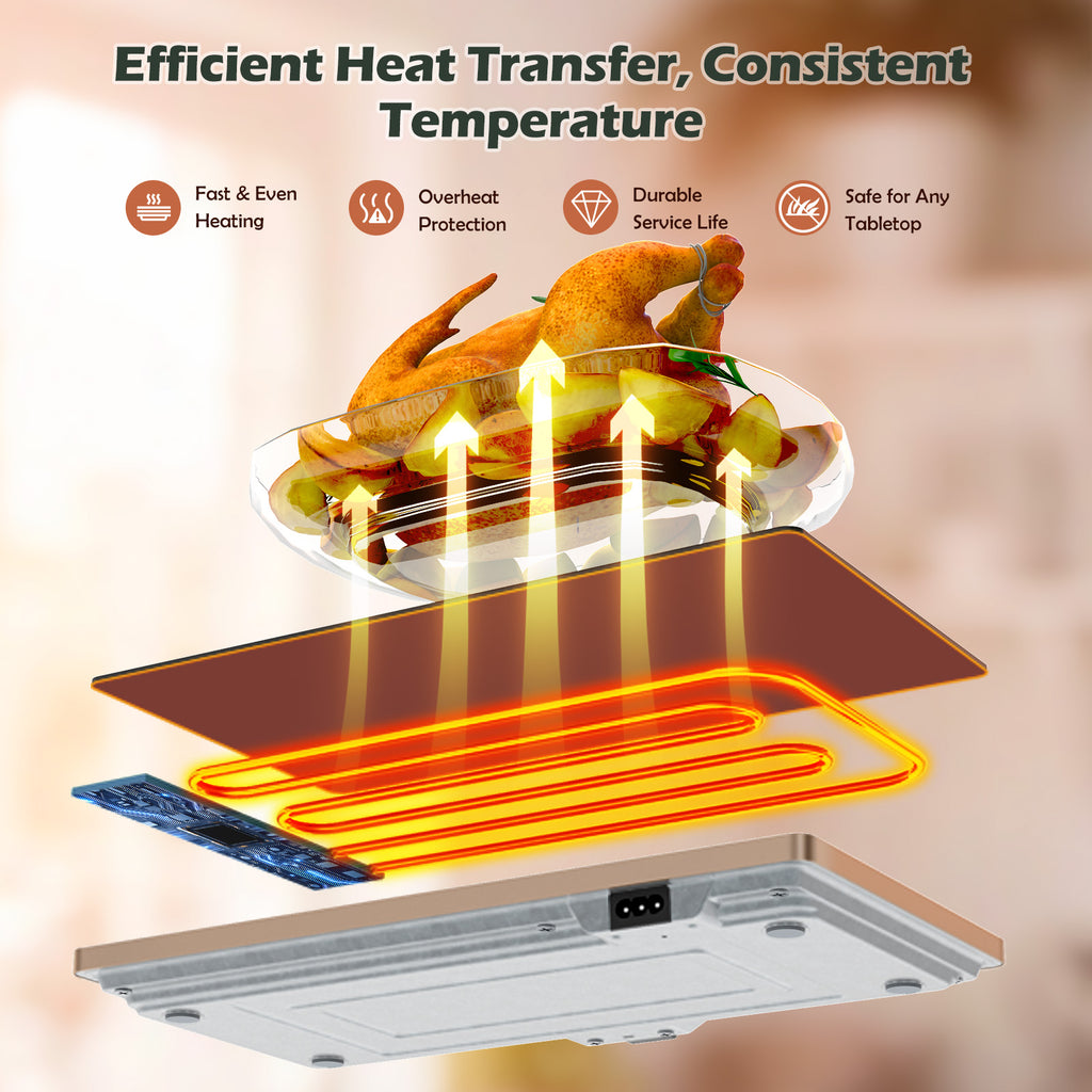 VASG Warming Mat for Food, 4-in-1 Electric Food Warming Tray with 10 Temperature Levels & 6-Hour Timer, Expandable Design, 33" × 15" Glass Surface, Buffet Food Warmer for Parties & Catering (Black)