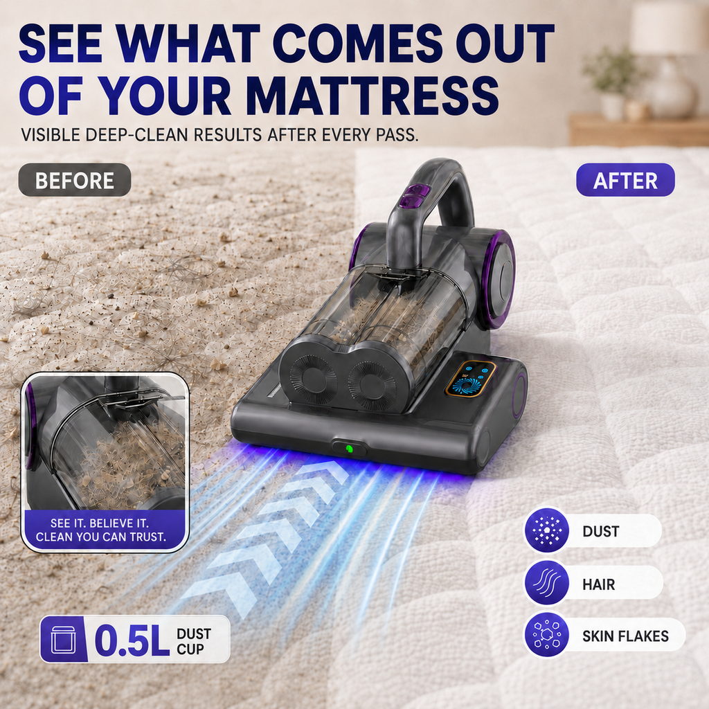 VASG Mattress Vacuum Cleaner, 16Kpa Bed Vacuum Cleaner with UV Light, HEPA Filtration, 500W Corded Handheld Vacuum for Bed, Sofa & Couch (Black)