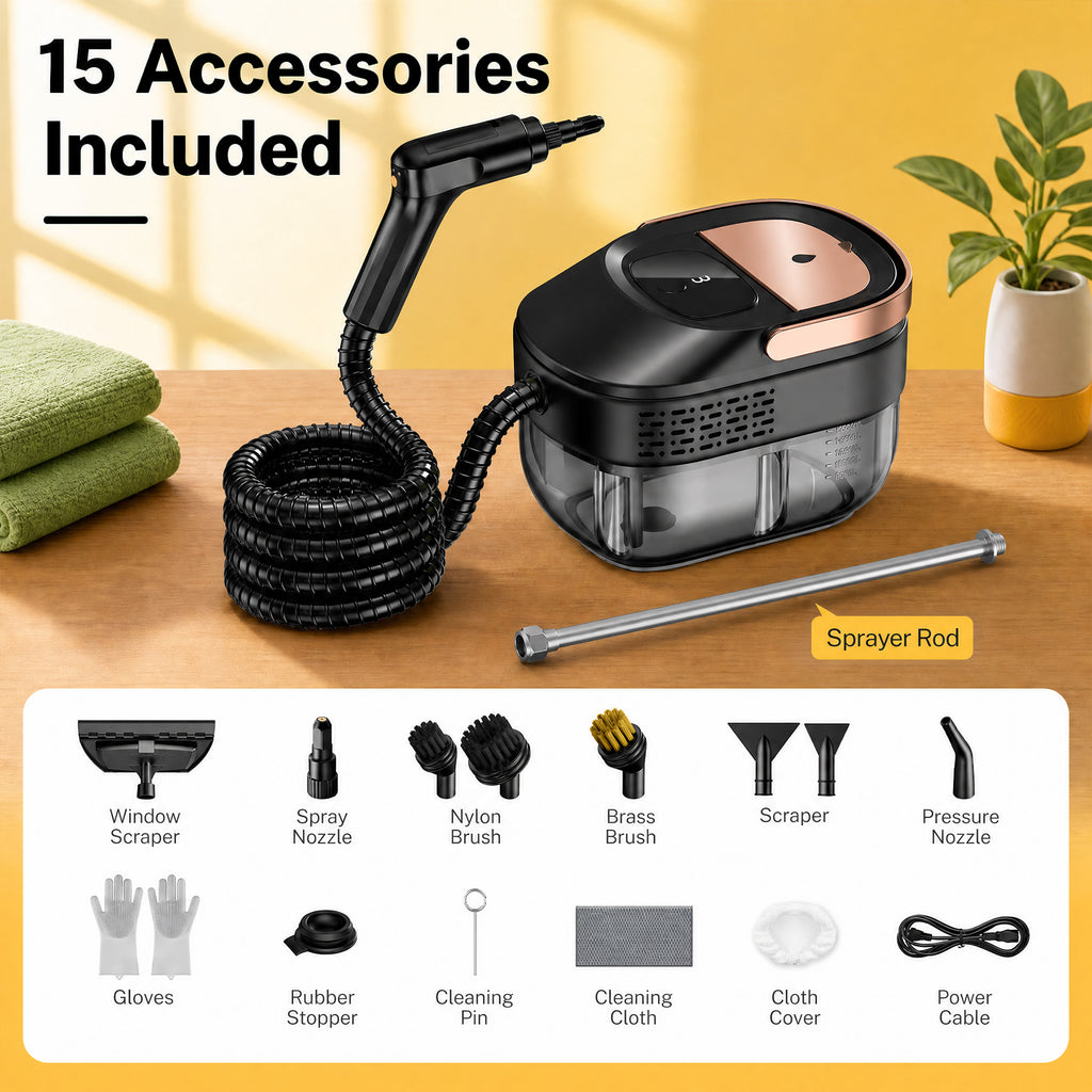 VASG Steam Cleaner, Portable Steamer for Cleaning with 15pcs Accessories, 15s Heat-Up & 1.6L Large Tank, Handheld Steam Cleaner for Car Detailing, Home, Tile, Grout, Furniture (Black)