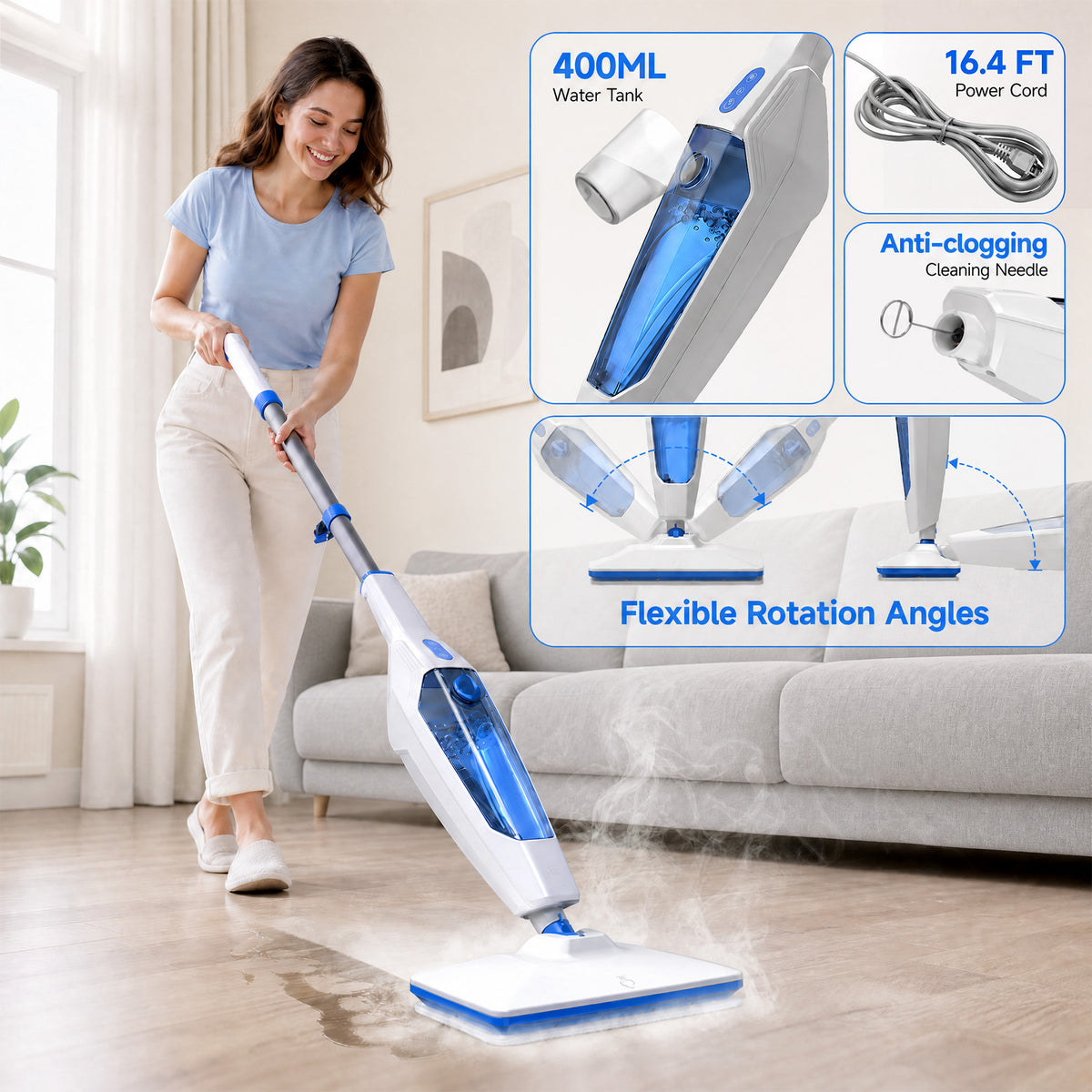 VASG Steam Mop, 14-in-1 Detachable Floor Steamer, 1300W Powerful Steam Up to 228°F for Deep Cleaning, Multi-Purpose Handheld Steam Cleaner for Tile, Grout, Furniture, Carpet & Walls