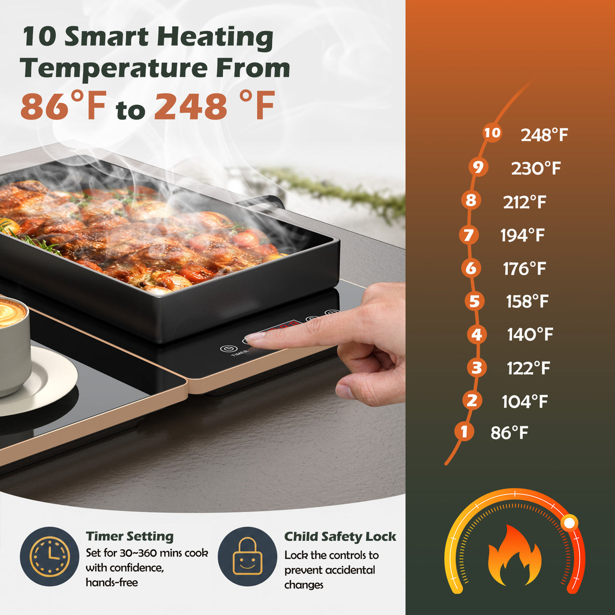 VASG Warming Mat for Food, 4-in-1 Electric Food Warming Tray with 10 Temperature Levels & 6-Hour Timer, Expandable Design, 33" × 15" Glass Surface, Buffet Food Warmer for Parties & Catering (Black)